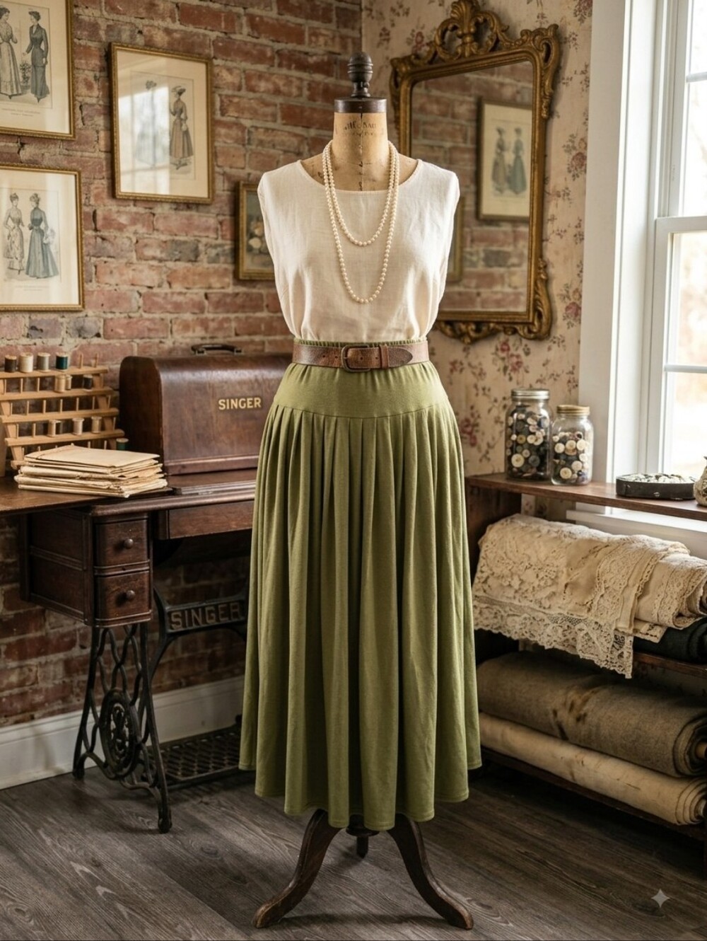Vintage 90s Marie Claire Olive Green Knit Gathered Midi Skirt